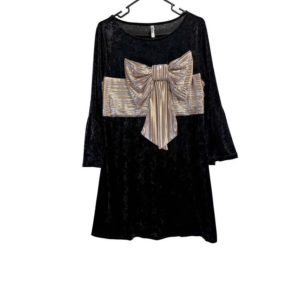 Xhilaration Womens Black Crushed Velvet Mini Dress Rose Gold Metallic Bow Large